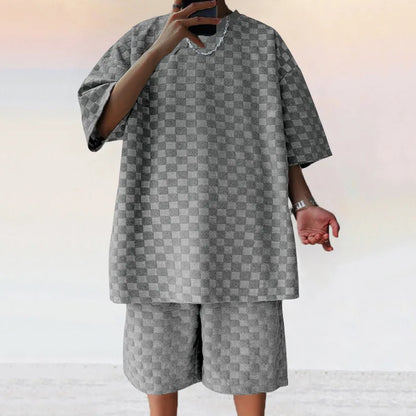 Men's Summer Checkered Loose Two-piece Sports Leisure Suit Short Sleeve T-shirt Shorts Casual Suit Plus Size Fashion Men's Suit