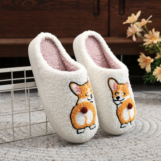 Plush Dog Slippers Fuzzy Indoor Slippers Anti Slip Closed Toe Slippers Comfortable Funny Corgi Dog Slippers for Indoor Bedroom