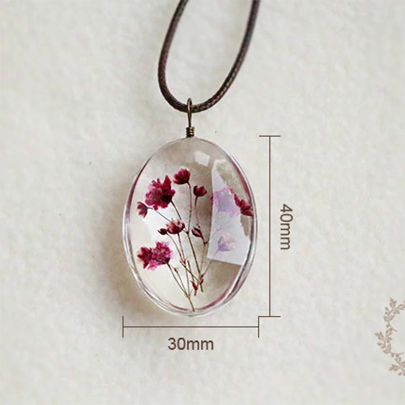 Handmade Dried Flower Necklace Red Blue Pink Flowers Pendant Leather Chain Necklaces For Women Bohemian Jewelry