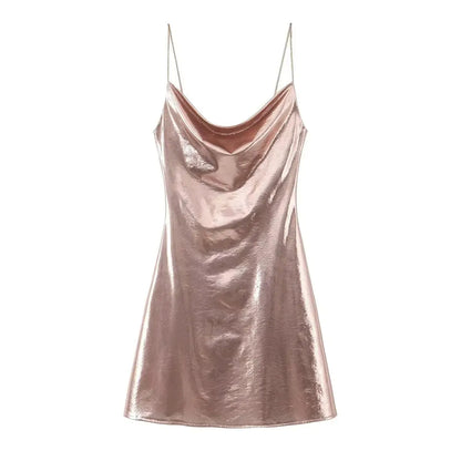 Summer Women Shinning Metallic Color Sling Mini Dress Female Chic Pleat Design Casual Slim Party Vestidos DS5000