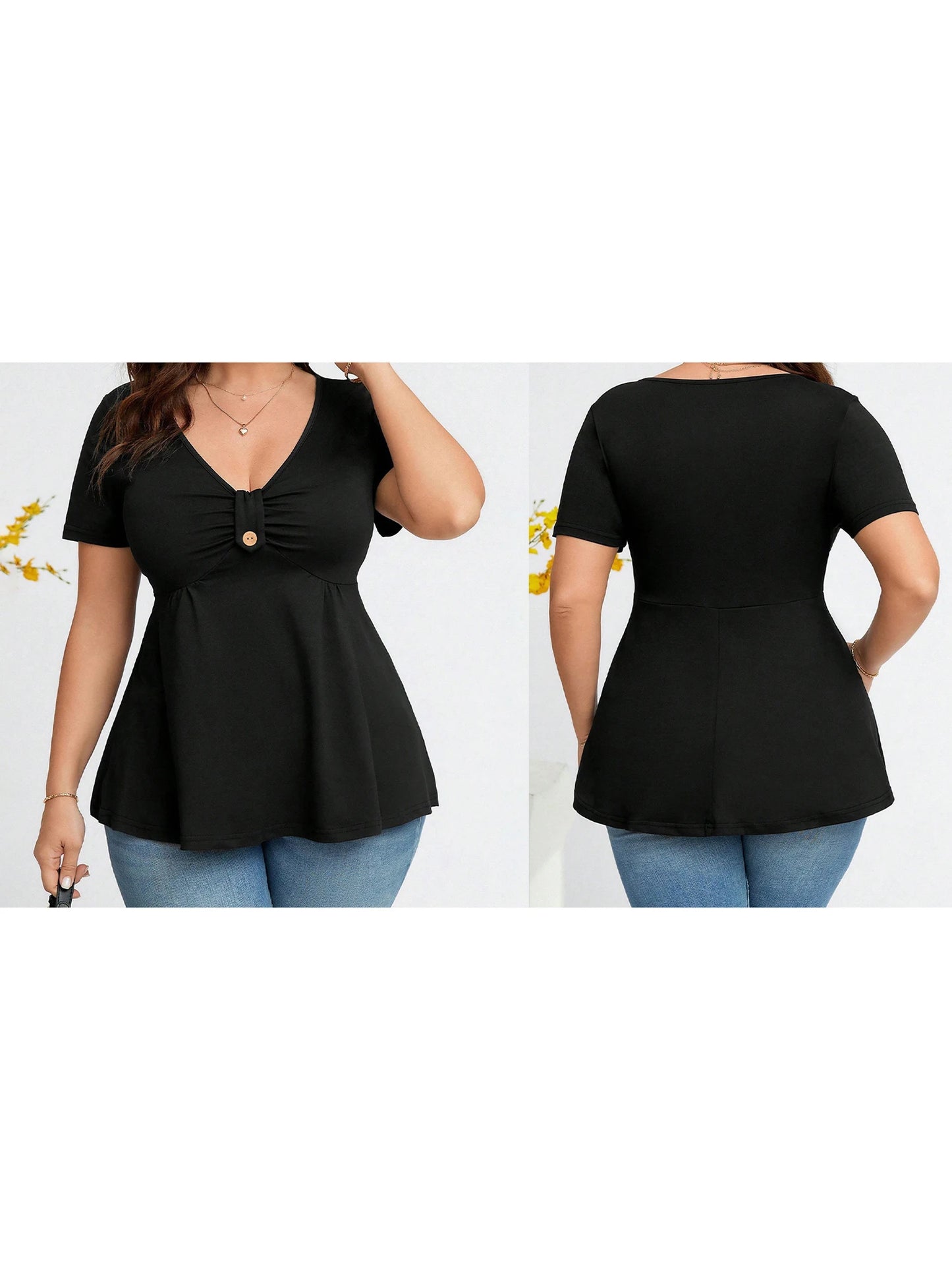 Women Plus Size Babydoll Tops Floral Print Ruched Button V Neck Short Sleeve Ruffle Shirts Casual Summer Streetwear Fashion