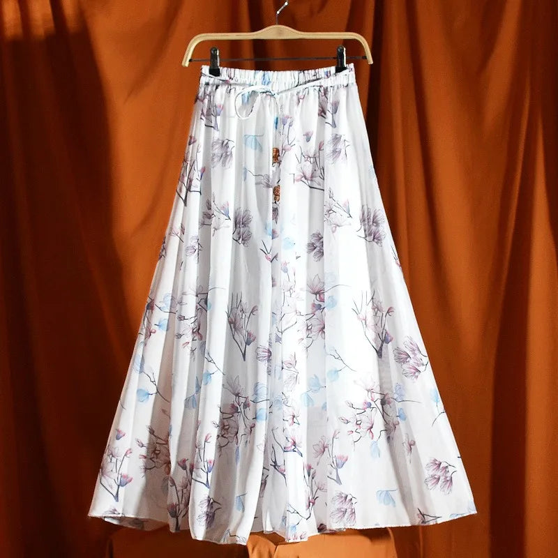 Elegant Chiffon Long Skirts For Women Autumn Casual Women's Floral Print Maxi Skirt Female High Waist Elastic A-Line Skirts