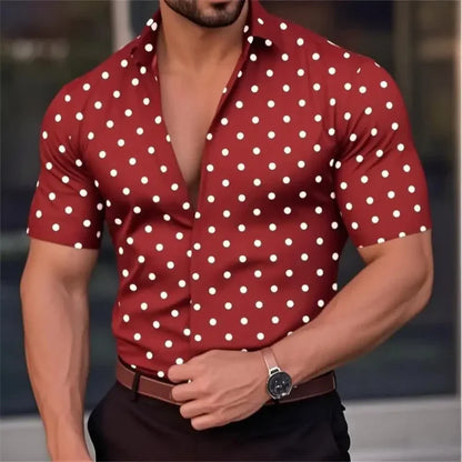 New Men's Short Sleeve Button Shirt Polka Dot Lapel Fashion Design Casual Lightweight Breathable Comfortable Outdoor Men Clothes