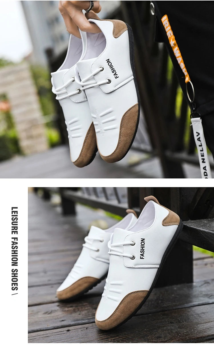 Flat Men Shoes Leisure Leather Shoes for Men White Footwear 2025 Summer Trend Breathable Soft Casual Sneakers British Peas Shoes