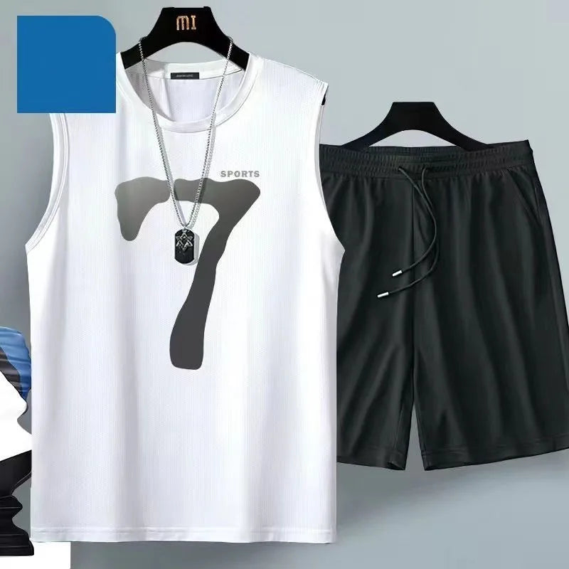 Summer men's clothing sleeveless basketball suit street casual sportwear 2 piece breathable short sleeve Tshirt + jogging shorts