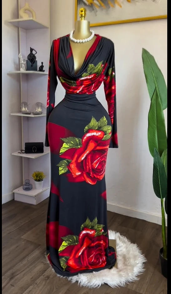 CM.YAYA Women Rose Printed Long Sleeve Pile Neck Bodycon Midi Maxi Long Dress 2025 Summer Birthday Vacation Sexy Party Dresses