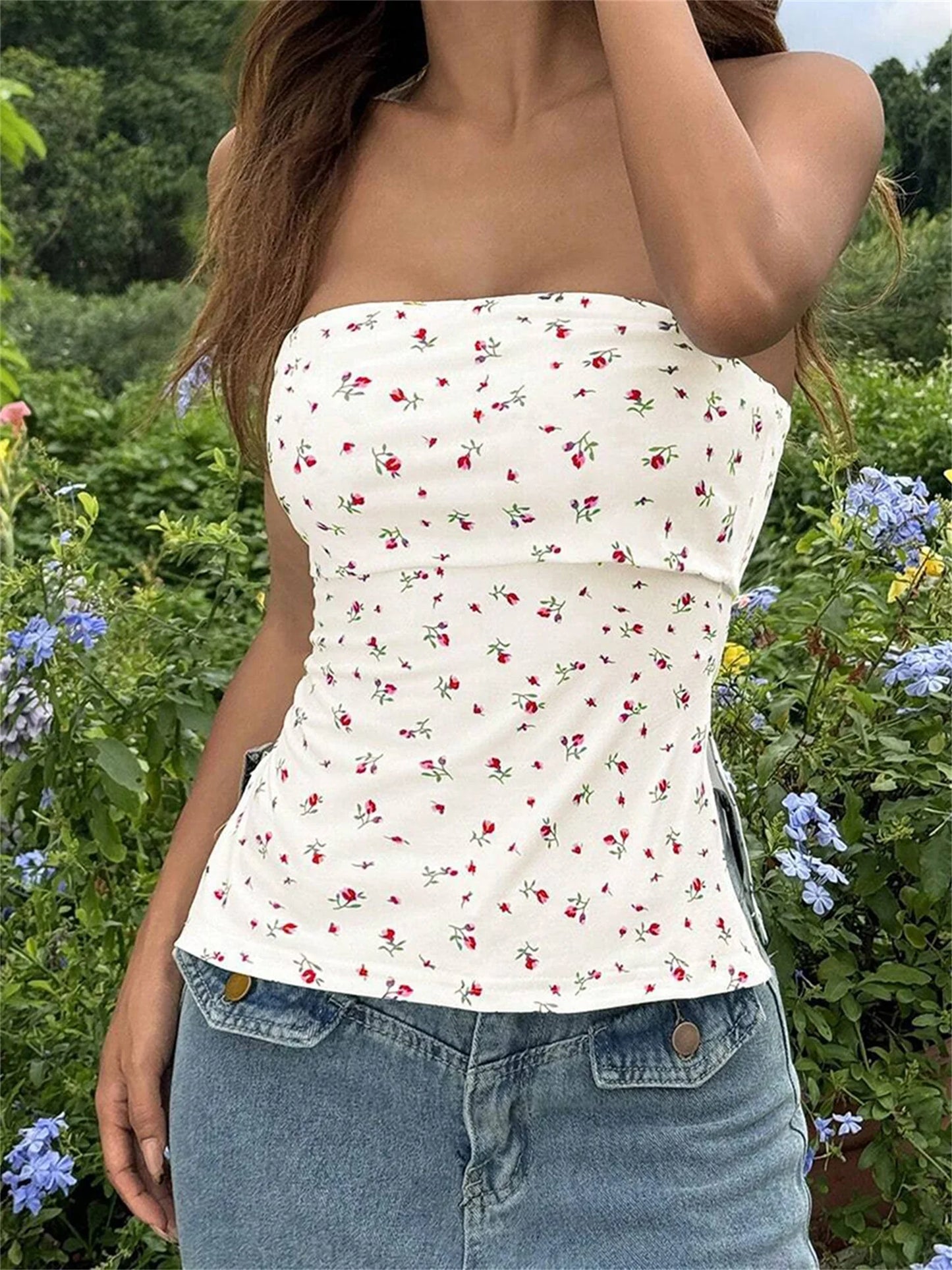 Women s Off Shoulder Ruffle Crop Tops Floral Print Strapless Tube Tops Sleeveless Bandeau Casual Shirts Summer Blouses