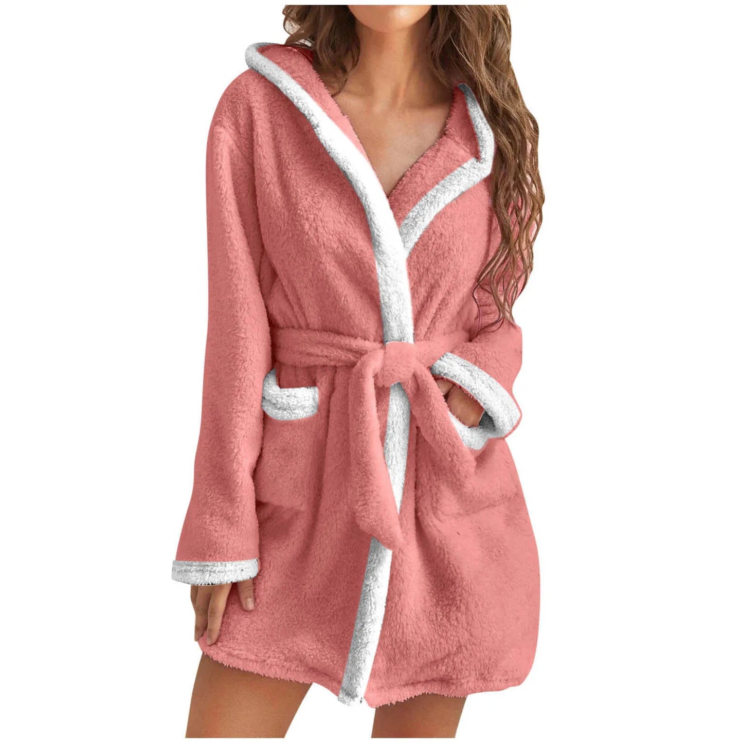 Women Coral Fleece Bathrobe Autumn And Winter Home Warm Sleepwear Casual Solid Color Matching Shower Robes Hooded Kimono Robe