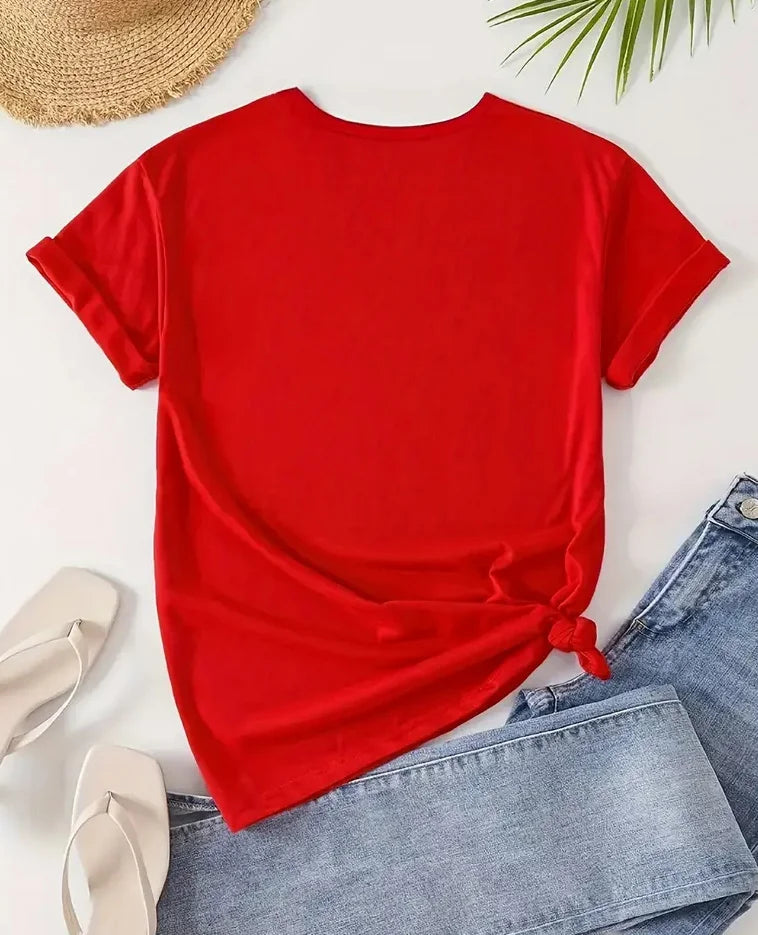 Women's Casual Short-sleeved Round Neck T-shirt - Bright Butterfly and Rose Pattern Print, Spring and Summer Women's T-shirt