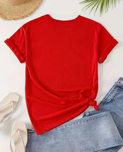Women's Casual Short-sleeved Round Neck T-shirt - Bright Butterfly and Rose Pattern Print, Spring and Summer Women's T-shirt