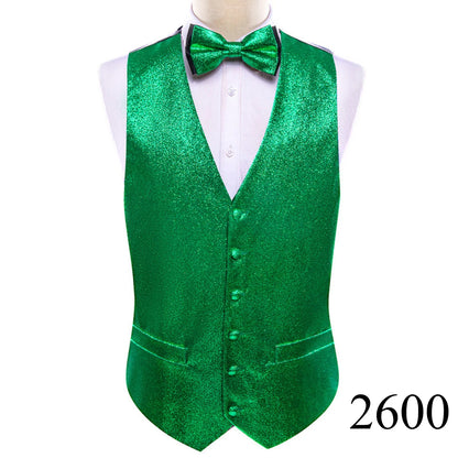 Mens Vest Gold Silver Black Red Pink Blue Green Yellow Solid Solid V-Neck Waistcoat Bowtie Set Barry Wang