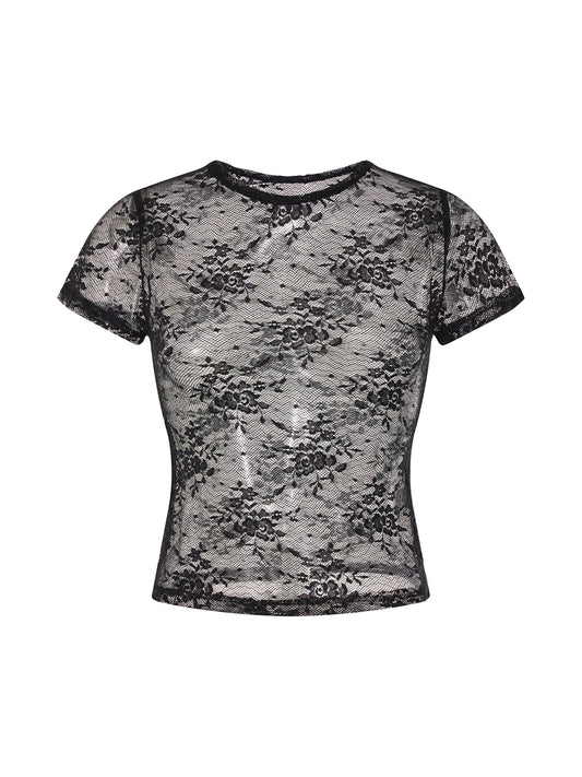 Women s Sexy Lace Crop Tops Short Sleeve Round Neck Sheer Mesh  Fit T-Shirts for Clubwear and Summer Parties