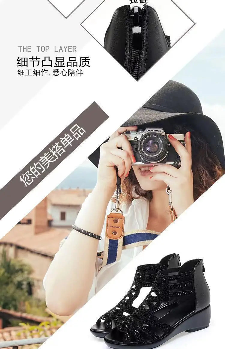 Real Soft Leather Roman Sandals Women's Chunky Heel Mom Shoes Fashion Outerwear Women's Sandals Wedge Women's Shoes 2023