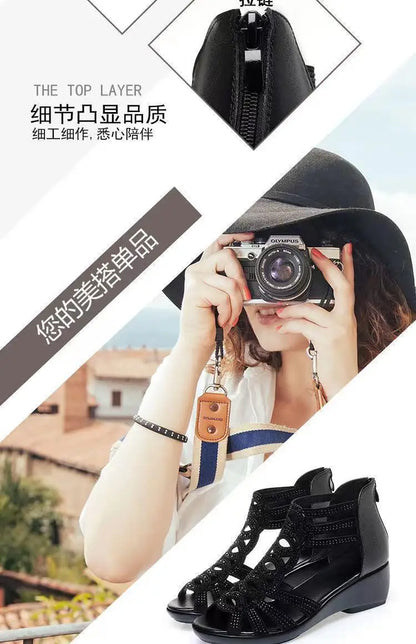 Real Soft Leather Roman Sandals Women's Chunky Heel Mom Shoes Fashion Outerwear Women's Sandals Wedge Women's Shoes 2023