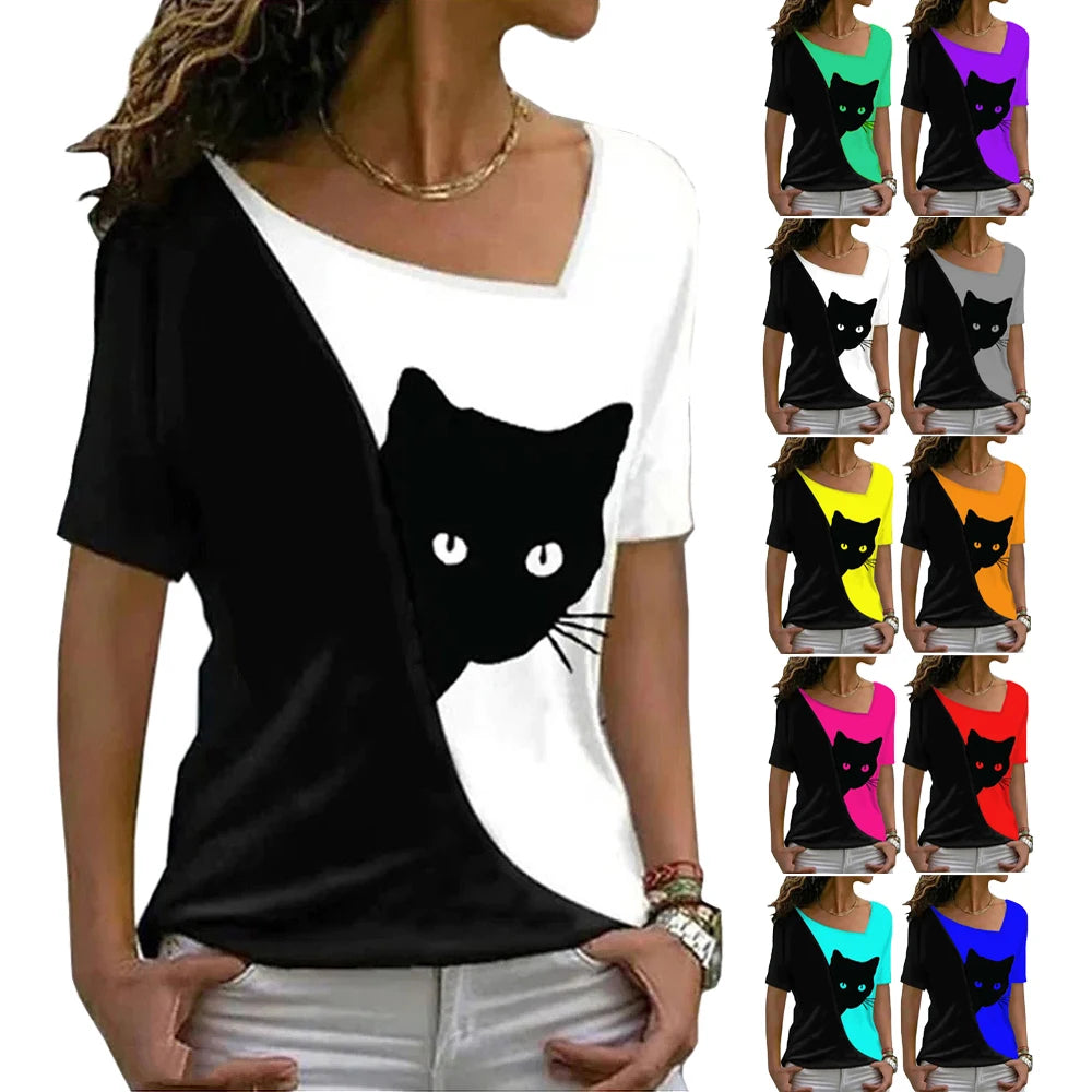 2023 summer women clothes blouse new style inclined collar black cat print short sleeve T-shirt women