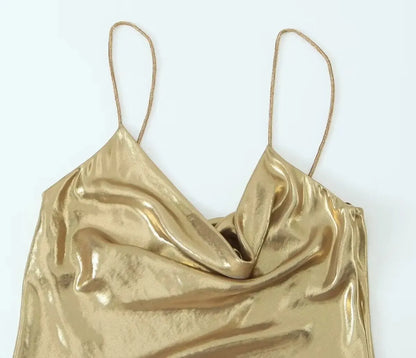 Summer Women Shinning Metallic Color Sling Mini Dress Female Chic Pleat Design Casual Slim Party Vestidos DS5000