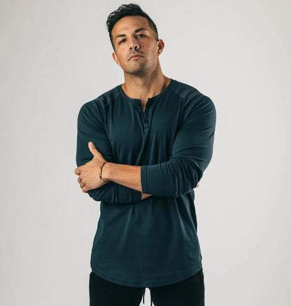 Men Muscle Shirt Long Sleeve T-shirt Solid Vintage Henley Shirts Sports Fitness Casual Cotton Stretch Thin V-neck Tee
