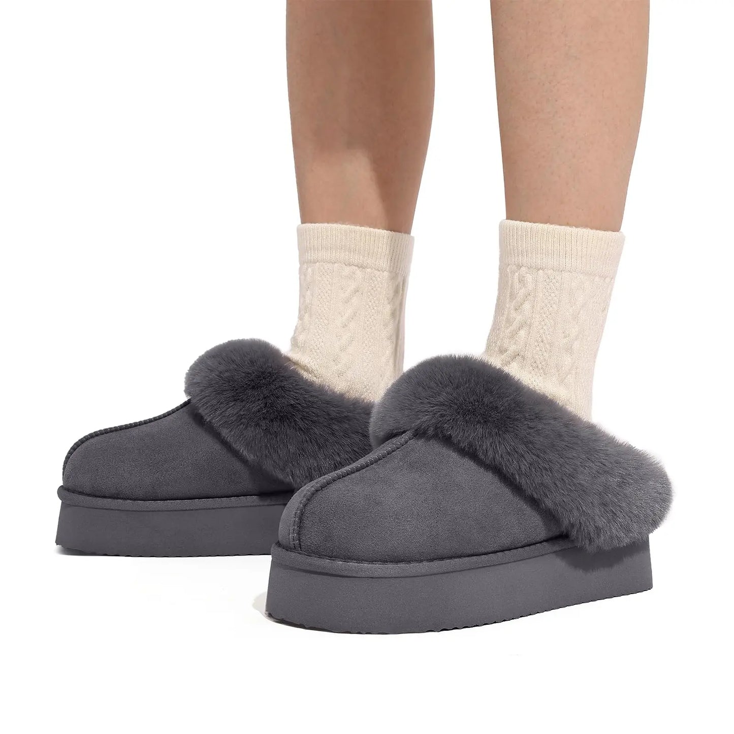 Litfun Fuzzy Platform Slippers For Women Winter Warm House Shoes With Memory Foam Outdoor Anti-Slip Fashion Fur Fluffy Slippers