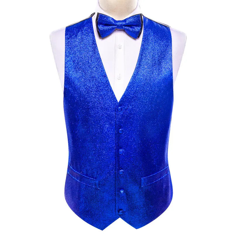 Mens Vest Gold Silver Black Red Pink Blue Green Yellow Solid Solid V-Neck Waistcoat Bowtie Set Barry Wang