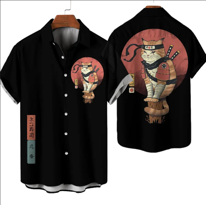 Casual Hawaiian Shirt Man Japanese Bushido 3d Pattern Shirt Men's Shirts Cartoon Animal Cat 3d Printing Men's Shirt Men Clothing