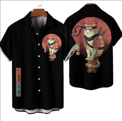 Casual Hawaiian Shirt Man Japanese Bushido 3d Pattern Shirt Men's Shirts Cartoon Animal Cat 3d Printing Men's Shirt Men Clothing