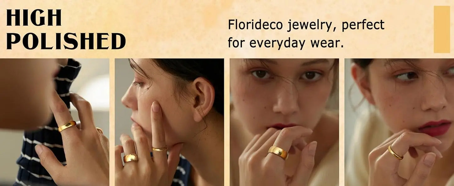 14K Gold Plated Ring for Women Men Thick Thin Pinky Thumb Ring Wedding Band Ring Non Tarnish Plain Domed Comfort Fit Size 6 -10