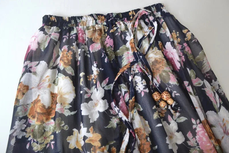 Elegant Chiffon Long Skirts For Women Autumn Casual Women's Floral Print Maxi Skirt Female High Waist Elastic A-Line Skirts