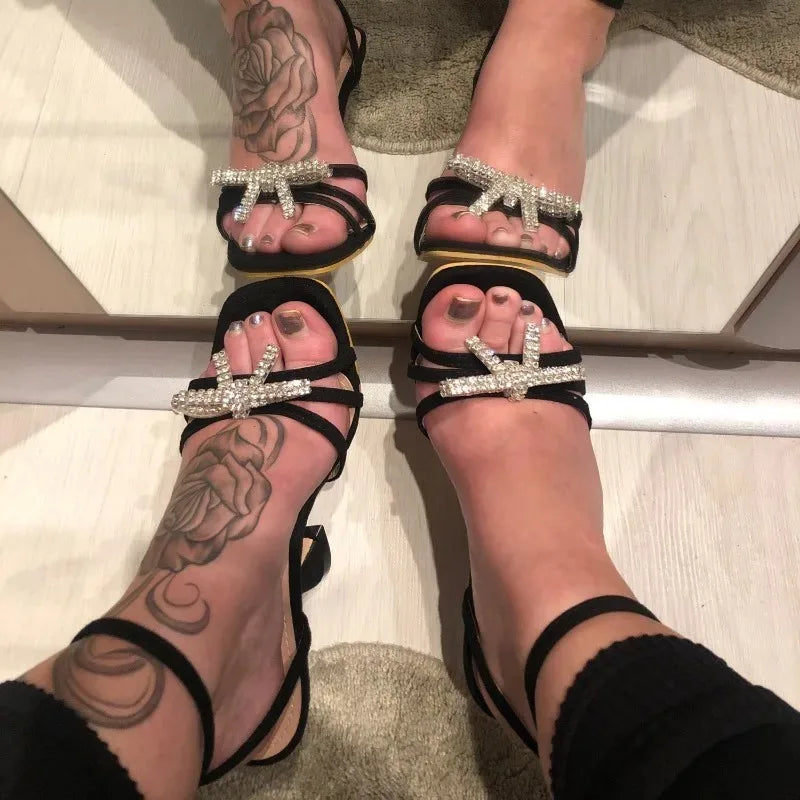 Ultra-high Heel Women's Sandals Fashion Square Toe Design High-heeled Sandal Luxury Rhinestone Bow High-heeled Sandals for Women