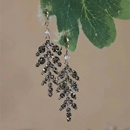 New Vintage Statement Gray Crystal Leaf Earrings for Women Fashion Unique Accessories Party Jewelry Birthday Anniversary Gifts