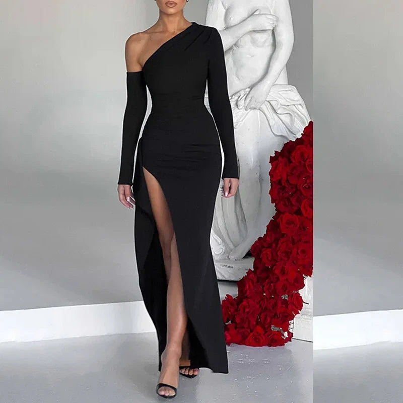Sexy Diagonal Shoulder Black Dress Fashion Elegant Long Sleeve Split Women Dress Spring Party Evening Long Dress Vestidos