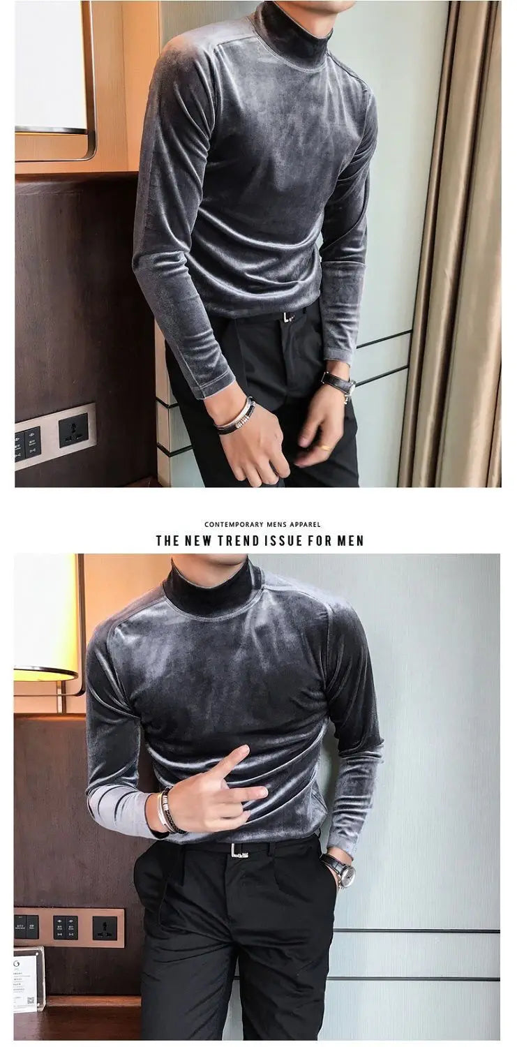 Fashion Men's Autumn Winter Luxury Clothing Heat Keep Warm Casual T-Shirt Mock Neck Tops Stripe Long Sleeve Gold Velvet T-Shirts