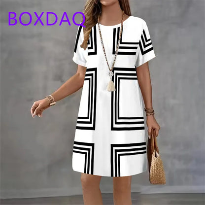 Geometric Stripe Printing Dress For Women Summer Sundress Loose Casual Short Sleeve O-Neck A-Line Dress Women Beach Mini Dresses