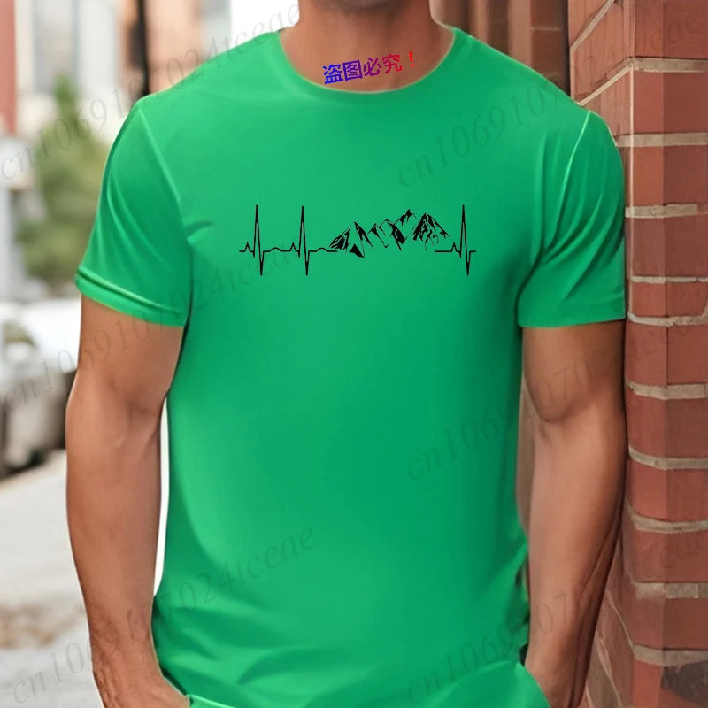 Mountain Heartbeat T-shirt for Men Climbing Hiking Graphic Y2k Tops Casual Streetwear Short Sleeve Tees Men's Oversized Clothing