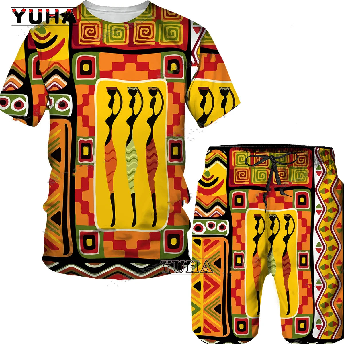 YUHA,3D Printed Men T-shirt Shorts Set 2pc Hip Hop Style Short Sleeve O-neck Summer African Folk-custom Pattern Men's Clothing S