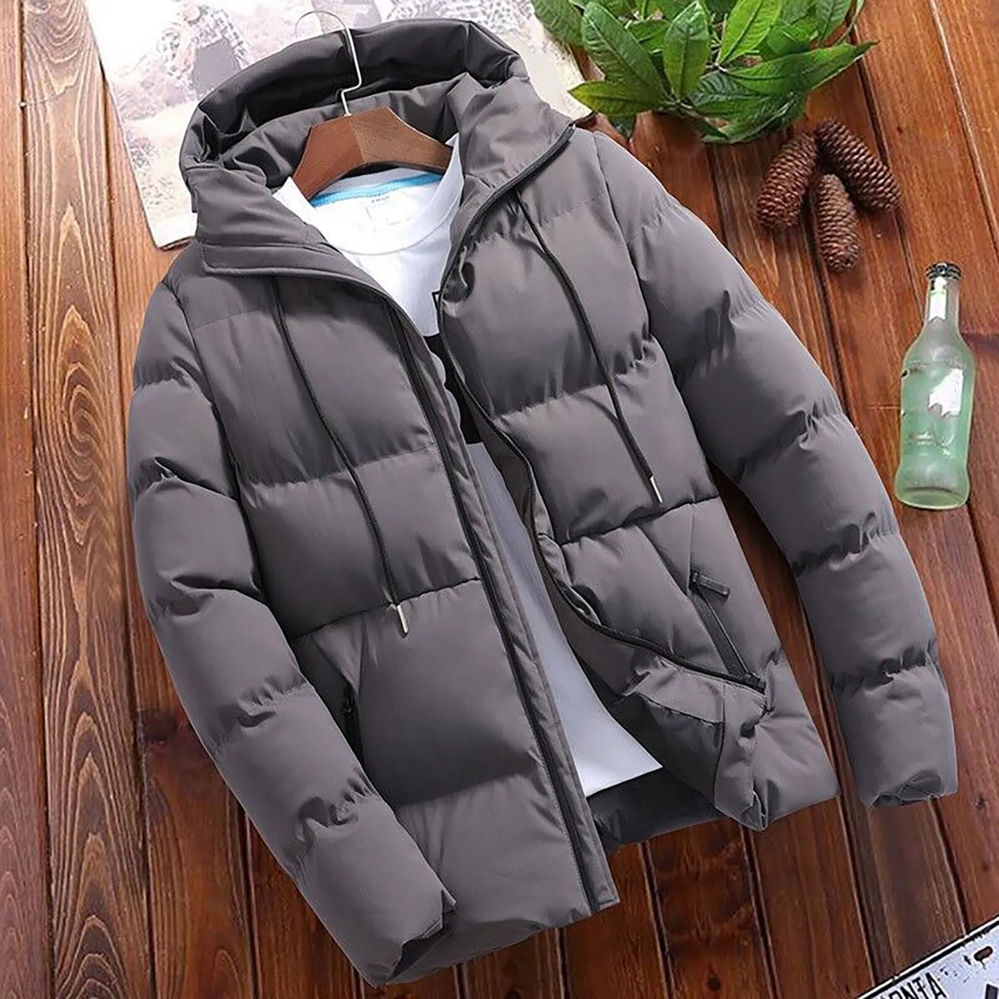 Men's Winter Parkas Versatile Solid Zipper Hooded Loose Wolfeel Quilted Jacket Outdoor Solid Color Warm Puffer Parkas For Men