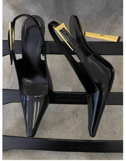 Patent leather high heels Women 2024 new gold with one-line sandals pointy skinny heels party women's shoes
