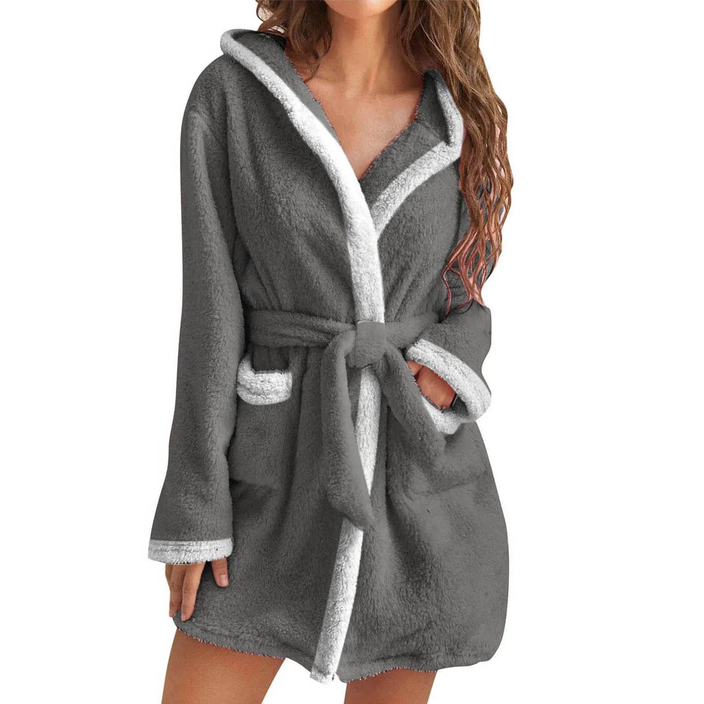 Women Coral Fleece Bathrobe Autumn And Winter Home Warm Sleepwear Casual Solid Color Matching Shower Robes Hooded Kimono Robe