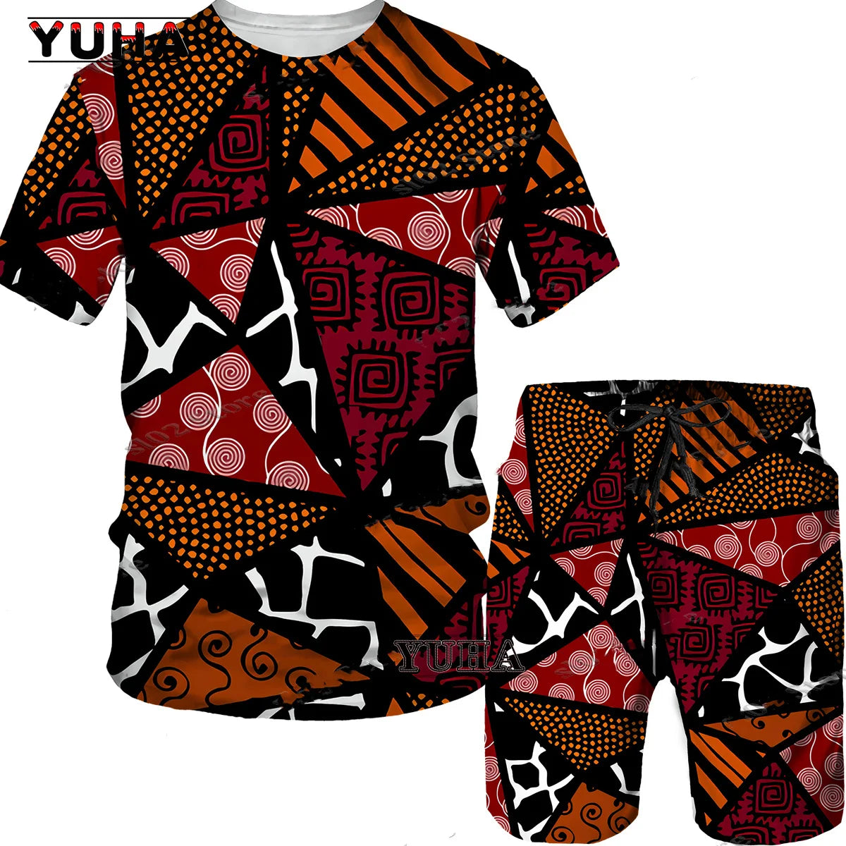 YUHA,3D Printed Men T-shirt Shorts Set 2pc Hip Hop Style Short Sleeve O-neck Summer African Folk-custom Pattern Men's Clothing S
