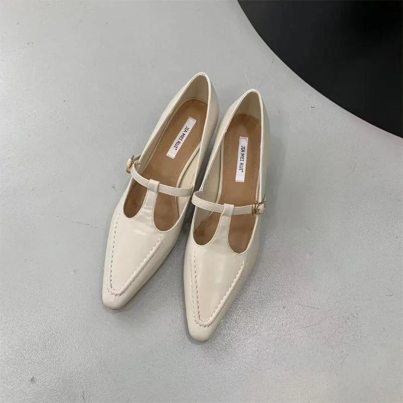 2026 Woman Fashion Pointed Toe Buckle Shoes Apricot Retro Kawaii Solid Female Shoes Flats Casual Shallow Mouth Mary Jane Shoes
