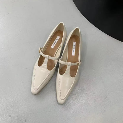 2026 Woman Fashion Pointed Toe Buckle Shoes Apricot Retro Kawaii Solid Female Shoes Flats Casual Shallow Mouth Mary Jane Shoes