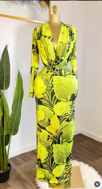 CM.YAYA Women Rose Printed Long Sleeve Pile Neck Bodycon Midi Maxi Long Dress 2025 Summer Birthday Vacation Sexy Party Dresses