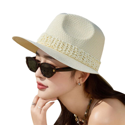 Women Wide Brim Sun Hat with Bowknot Ribbon Summer Beach Straw Hat Foldable Floppy Fedora Hat for Vacation Travel Party Clothes
