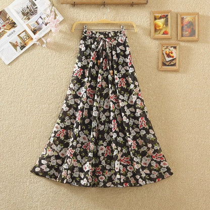 Elegant Chiffon Long Skirts For Women Autumn Casual Women's Floral Print Maxi Skirt Female High Waist Elastic A-Line Skirts