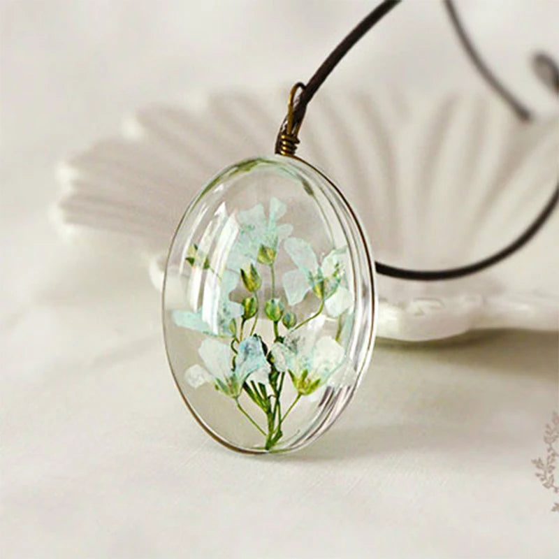 Handmade Dried Flower Necklace Red Blue Pink Flowers Pendant Leather Chain Necklaces For Women Bohemian Jewelry