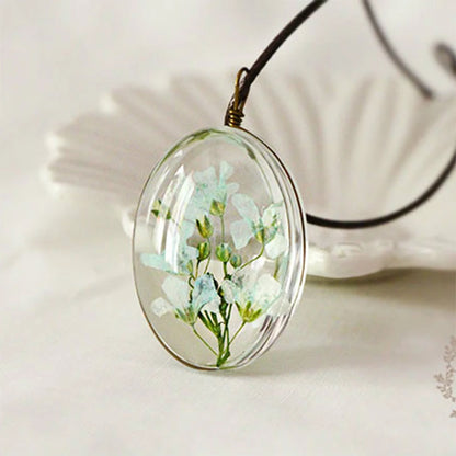 Handmade Dried Flower Necklace Red Blue Pink Flowers Pendant Leather Chain Necklaces For Women Bohemian Jewelry