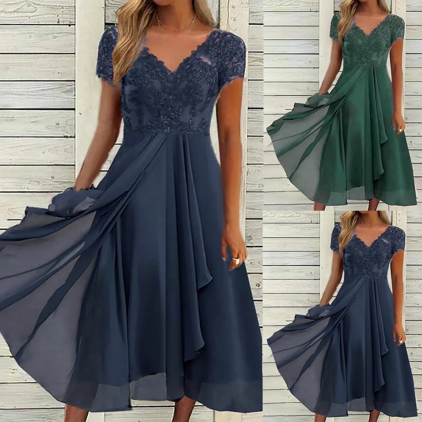 Women's Chiffon Long Dresses A Line V Neck Lace Panel Hollow Prom Dresses Ladies Bridesmaid Evening Dresses Short Sleeve Dress