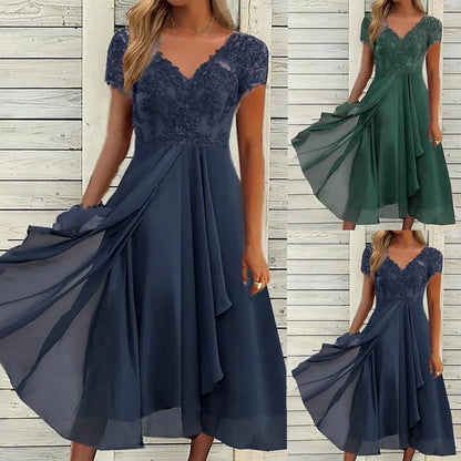 Women's Chiffon Long Dresses A Line V Neck Lace Panel Hollow Prom Dresses Ladies Bridesmaid Evening Dresses Short Sleeve Dress