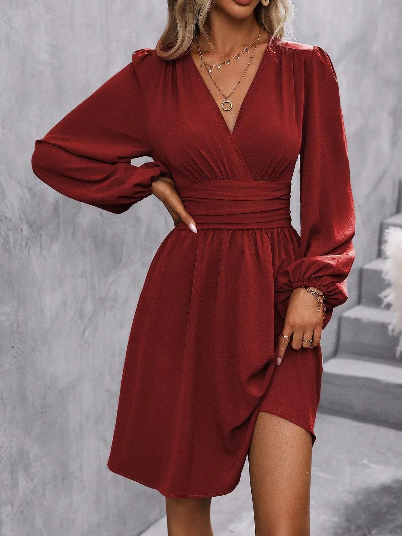 2025 Asymmetric Neck Lantern Sleeve Dress Women Winter Knit Dress with Waist Shirring Bodycon Long Maxi Dress