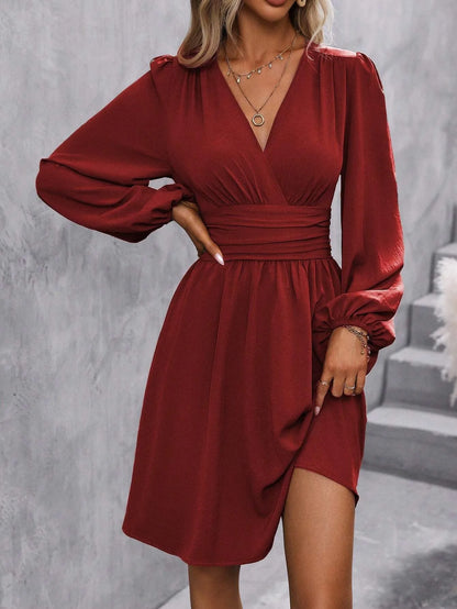 2025 Asymmetric Neck Lantern Sleeve Dress Women Winter Knit Dress with Waist Shirring Bodycon Long Maxi Dress