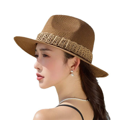 Women Wide Brim Sun Hat with Bowknot Ribbon Summer Beach Straw Hat Foldable Floppy Fedora Hat for Vacation Travel Party Clothes